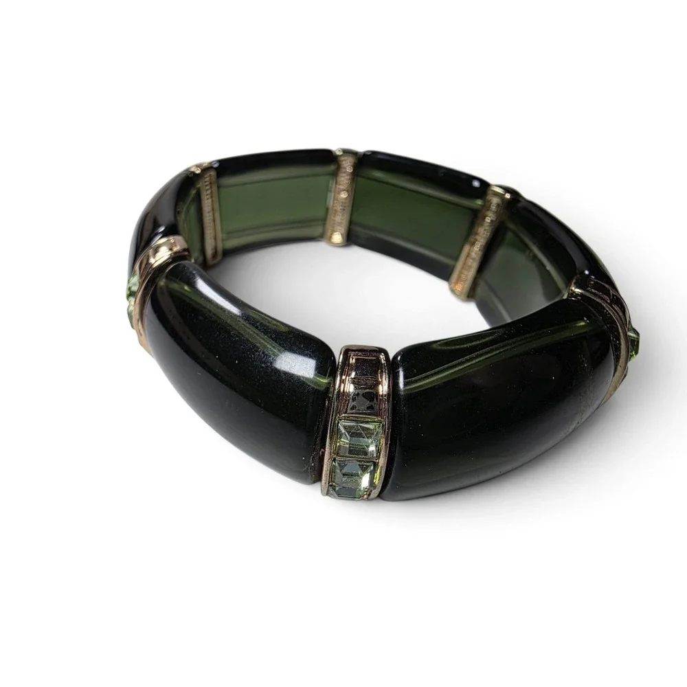 Vintage Olive Green Lucite Segmented Stretch Bracelet Gold Tone Crystal Accents
